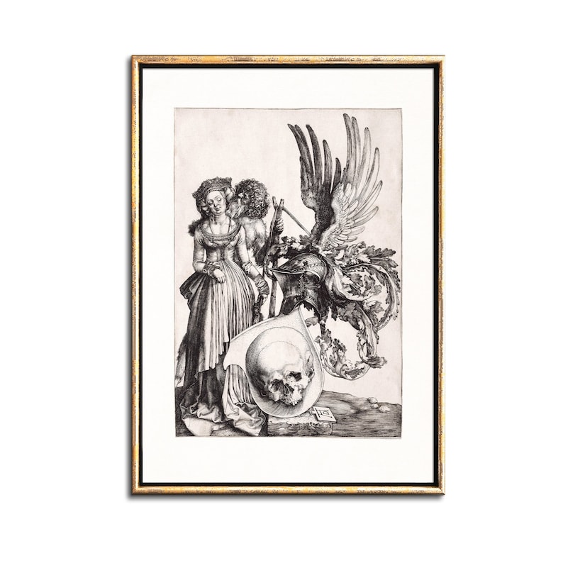 May include: A black and white engraving of a woman and a man standing next to a skull on a pedestal. The man is holding a staff and the woman is holding a flower. A winged creature with a helmet is behind them.