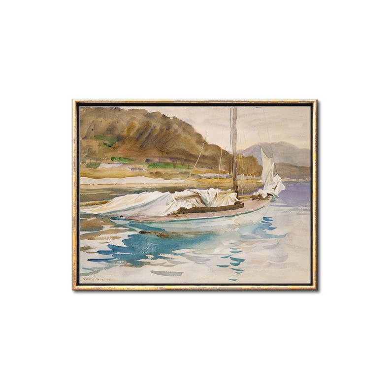 May include: A watercolor painting of a sailboat with white sails docked at a lake or bay. The boat is partially covered with a white canvas. The water is a light blue with reflections of the sky and the boat. The background is a hazy, green hillside.