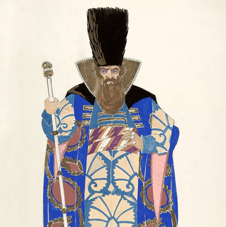 May include: A man wearing a blue and gold patterned robe with a black fur hat and a long beard. He is holding a staff with a gold top.