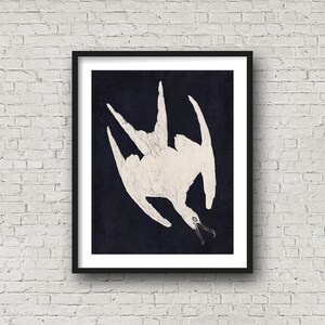 May include: A black and white illustration of a bird with its wings spread out, against a dark blue background. The bird is depicted in a stylized, almost abstract manner, with its feathers rendered in a series of fine lines.