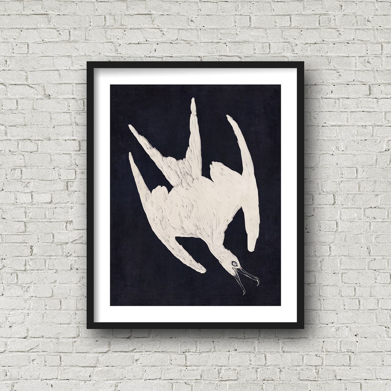 May include: A black and white illustration of a bird with its wings spread out, against a dark blue background. The bird is depicted in a stylized, almost abstract manner, with its feathers rendered in a series of fine lines.