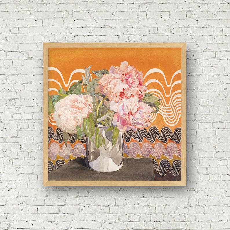 May include: A watercolor painting of pink peonies in a silver vase against a background of orange and black wavy lines.