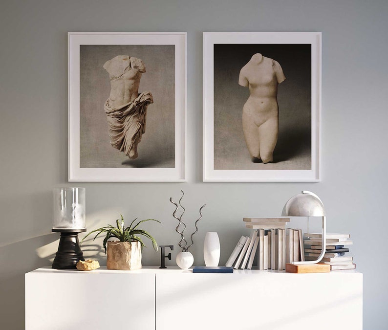 Pu&ograve; includere: Due fotografie in bianco e nero incorniciate di sculture antiche in marmo. Le sculture sono di un torso maschile e un torso femminile. Le cornici sono bianche e le fotografie sono esposte su uno scaffale bianco con una lampada, libri e una pianta.