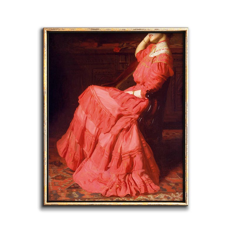 May include: A painting of a woman in a red dress sitting in a chair. The woman is looking to the side and her hair is pulled back. The dress is long and flowing, with ruffles and layers. The background is dark and the painting is framed in gold.