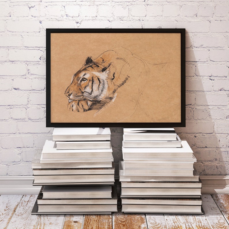 May include: A framed black and white pencil drawing of a tiger's head on a brown background. The tiger is looking to the left and has a serious expression. The drawing is on a stack of books.