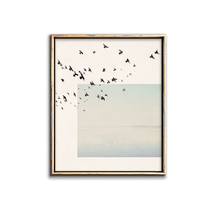May include: A framed print of a flock of birds flying over a light blue and white landscape. The birds are black and the landscape is a soft, muted color.