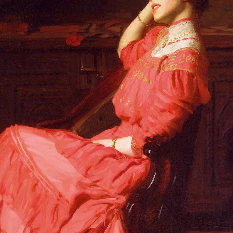 May include: A woman in a red dress with gold embroidery sits in a chair. She is wearing a white lace collar and a gold bracelet. The dress has a flowing skirt and a fitted bodice.