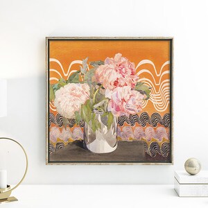 May include: A painting of pink peonies in a silver vase against a background of orange and black wavy lines.