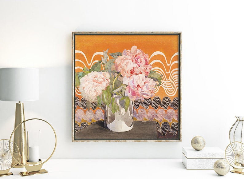 May include: A painting of pink peonies in a silver vase against a background of orange and black wavy lines.