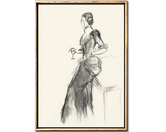 Charcoal Drawing Woman with a Glass of Wine Art Downloadable Prints, Pencil Fashion Sketch Neutral Wall Art Printable, Digital Download