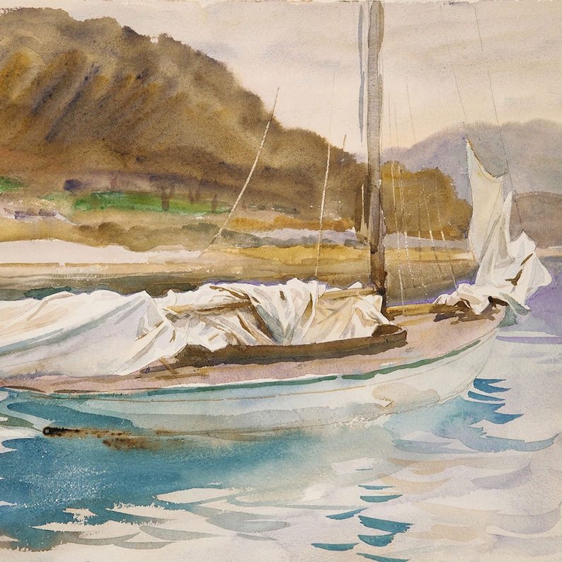 May include: A watercolor painting of a sailboat at anchor, with its sails furled and covered in white canvas. The boat is in the foreground, with a rocky shoreline and a hillside in the background. The water is a light blue, with ripples and reflections.
