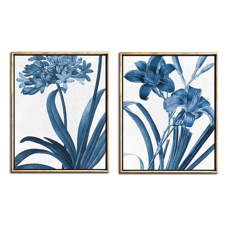 Blue Botanical print Set of 2 Downloadable Prints, Blue and White Above the Bed Decor Diptych Bedroom Floral Artwork Botanical Printable image 1