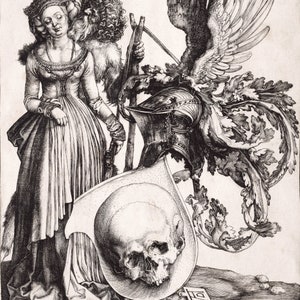 May include: A black and white engraving of a woman standing next to a skull, a helmet, and a winged creature. The woman is wearing a long dress and a crown. The skull is resting on a shield. The winged creature is holding a staff.