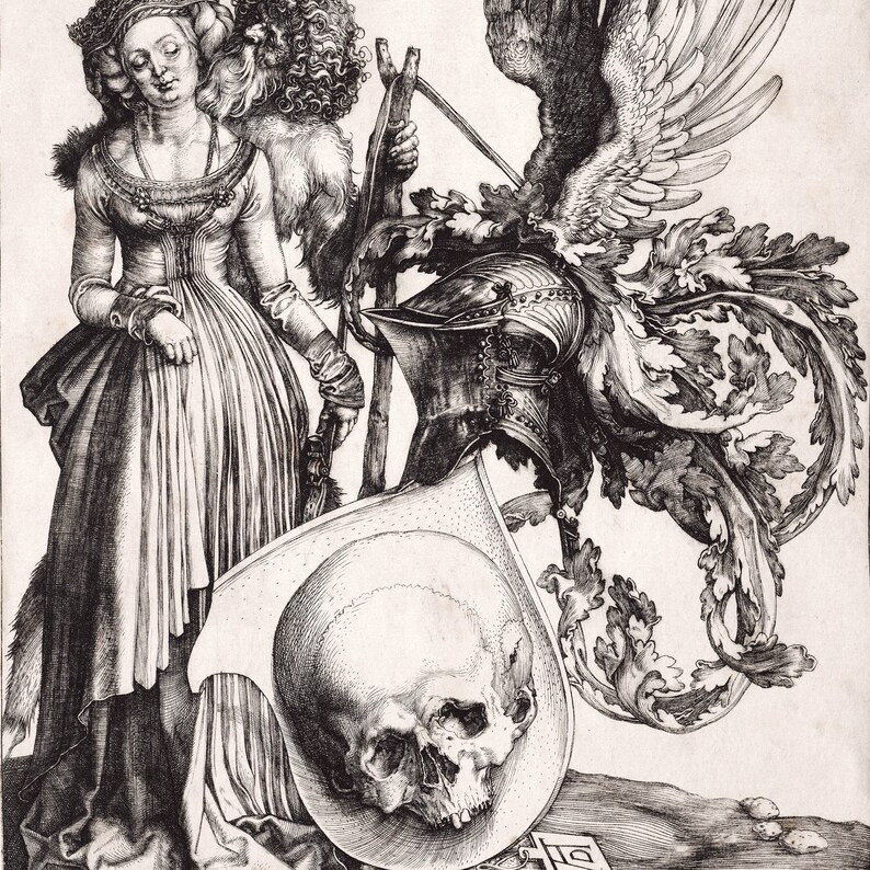 May include: A black and white engraving of a woman standing next to a skull, a helmet, and a winged creature. The woman is wearing a long dress and a crown. The skull is resting on a shield. The winged creature is holding a staff.