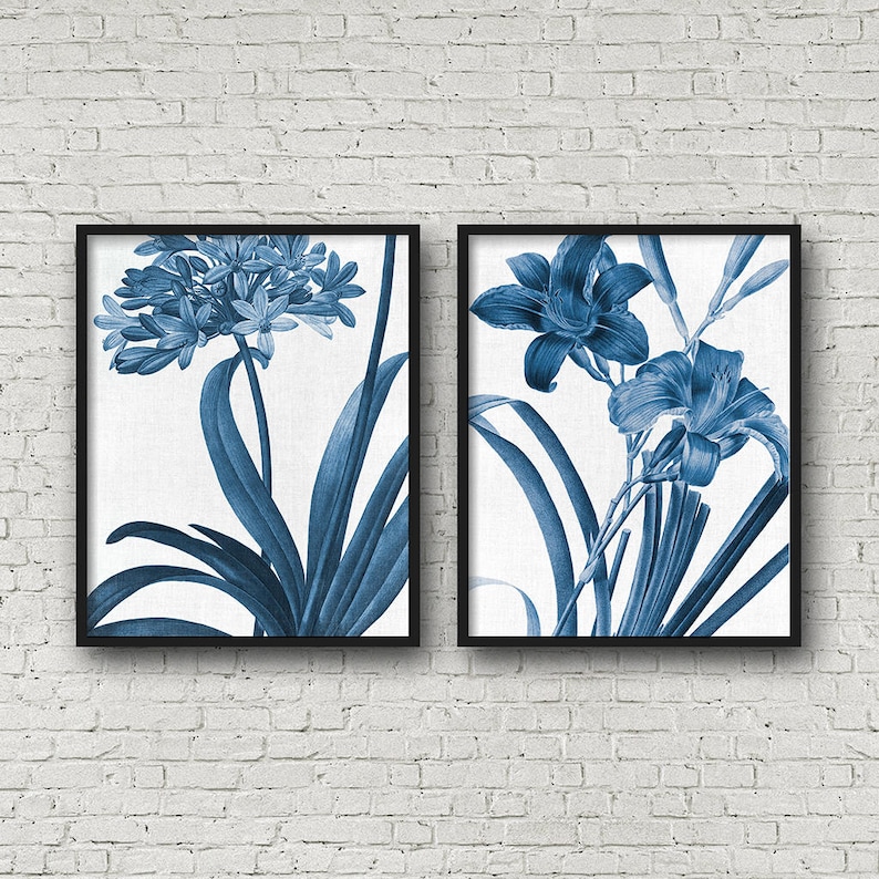 May include: Two framed prints of blue botanical illustrations. The print on the left features a cluster of blue flowers with long, narrow leaves. The print on the right features two blue lilies with long, narrow leaves.