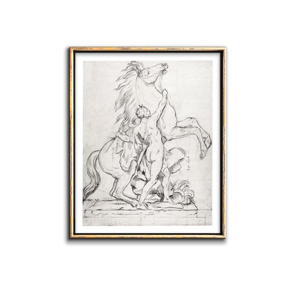 Vintage Horse Drawing Downloadable Prints, Antique Architecture Drawing of a Statue Design French Classical Art Printable Artwork