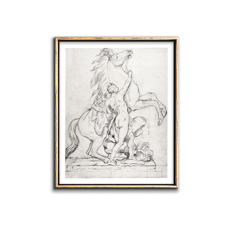 May include: A black and white line drawing of a man struggling to control a rearing horse. The drawing is framed in a gold frame.