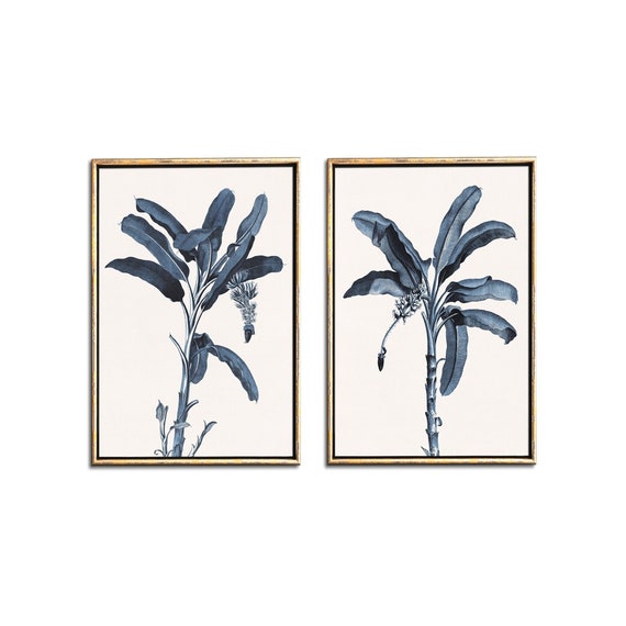 Blue banana tree illustrations instant download, Tropical printable vintage botanical leaf poster set of 2 digital prints