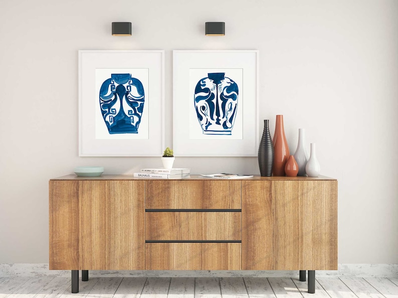 Blue and White Wall Art Set of Two Digital Prints Abstract Etsy