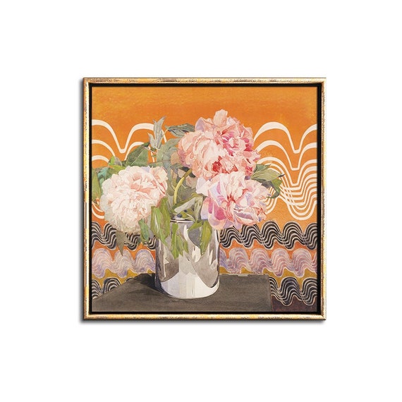 Art Deco pink peony print digital download art, Vibrant floral vintage watercolor painting downloadable prints