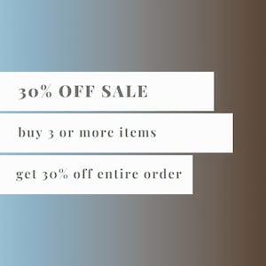 Pu&ograve; includere: Immagine con sfondo sfumato blu e marrone. Il testo "30% OFF SALE" &egrave; visualizzato sopra "buy 3 or more items" e "get 30% off entire order" in rettangoli bianchi.