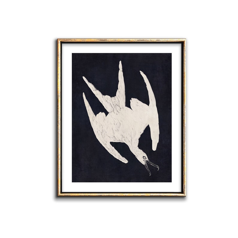 May include: A white bird with a long beak is depicted in a black frame. The bird is flying upside down with its wings spread out. The image is a simple line drawing with a minimalist style.