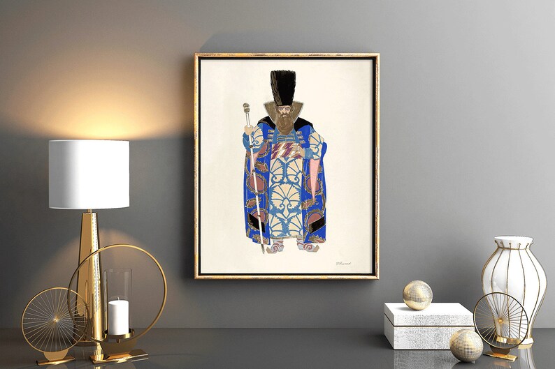 May include: A framed illustration of a man in a blue and gold patterned robe, wearing a black fur hat and holding a staff. The illustration is on a white background with a gold frame.
