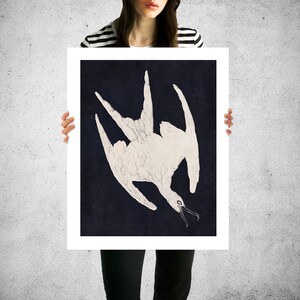 May include: A white stylized illustration of a bird with its wings spread out against a dark blue background.