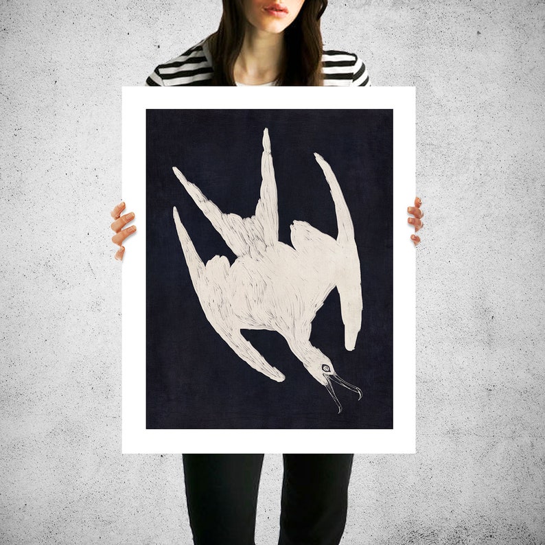 May include: A white stylized illustration of a bird with its wings spread out against a dark blue background.