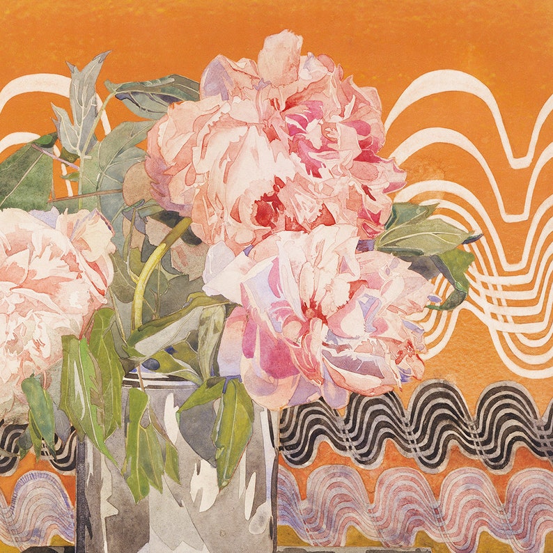 May include: A watercolor painting of pink peonies in a vase with a patterned background. The peonies are in full bloom and have a delicate, soft appearance. The background is a vibrant orange with white and black wavy lines.