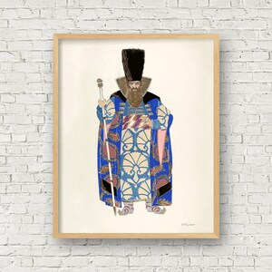 May include: A vintage illustration of a man in a blue and gold patterned robe, wearing a black fur hat and holding a staff. The illustration is framed in a light wood frame.
