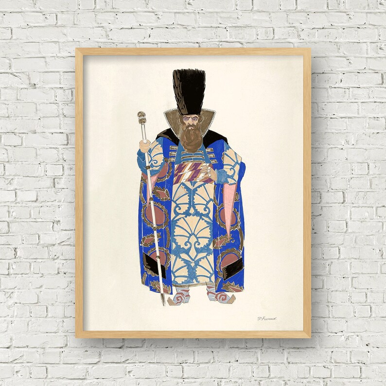 May include: A vintage illustration of a man in a blue and gold patterned robe, wearing a black fur hat and holding a staff. The illustration is framed in a light wood frame.