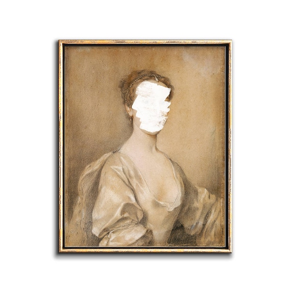Altered Portrait Drawing Downloadable Prints, Eclectic Wall Art Female Portrait Upcycled Vintage Art Printable Artwork, Neutral Wall Art