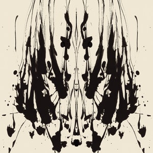 May include: A symmetrical black ink blot on a cream background. The ink blot resembles a face with two eyes, a nose, and a mouth.