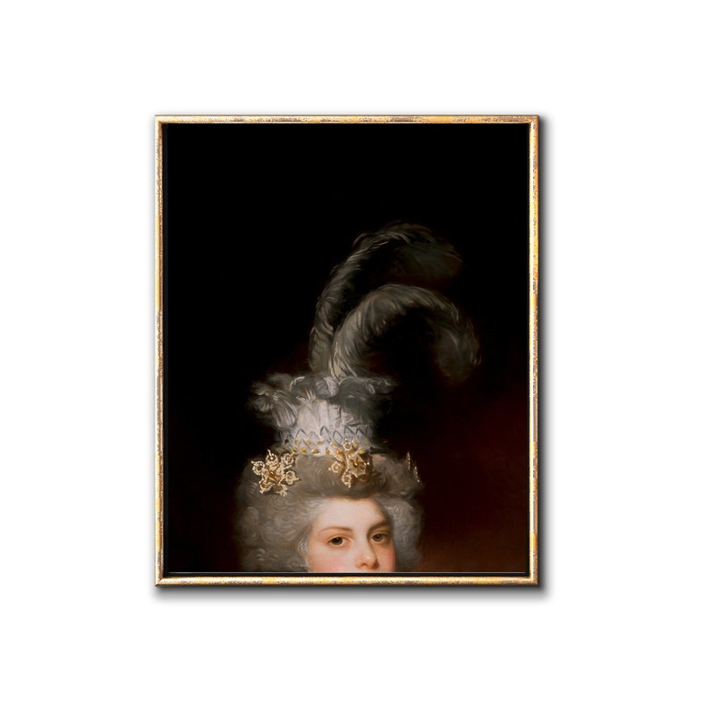 May include: Framed portrait featuring a person with a powdered wig and ornate headpiece. The person's eyes are visible against a dark backdrop. The headpiece includes feathers and gold detailing, conveying a sense of royalty.