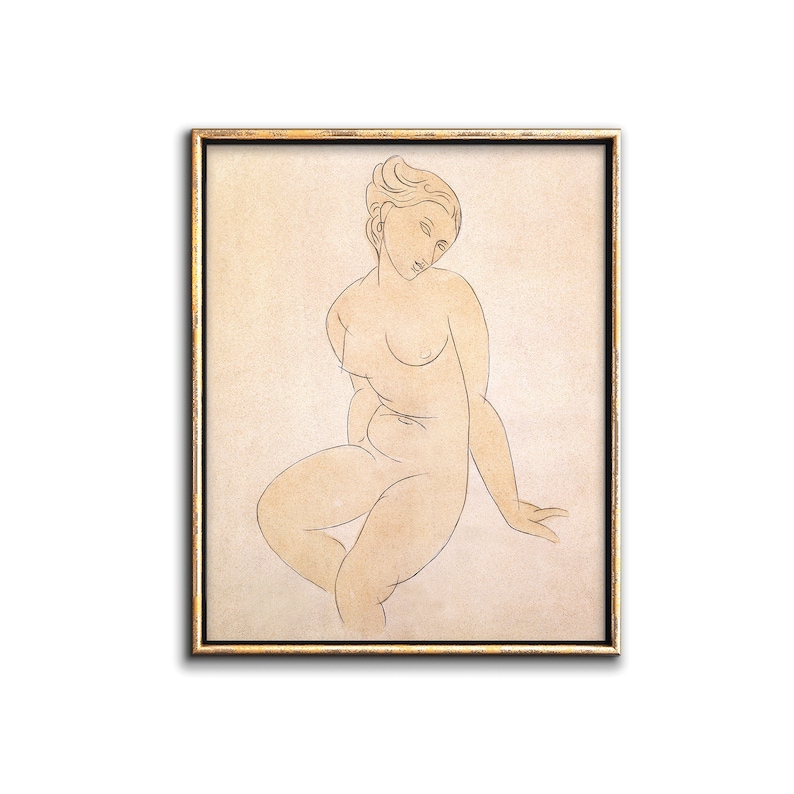 May include: A line drawing of a nude woman sitting with her head tilted down. The drawing is in shades of brown and beige on a cream background.