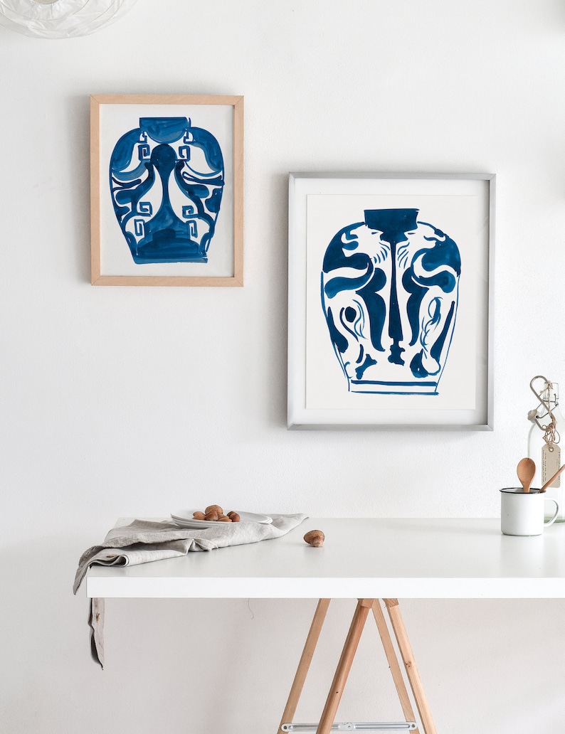 Blue and White Wall Art Set of Two Digital Prints Abstract Etsy