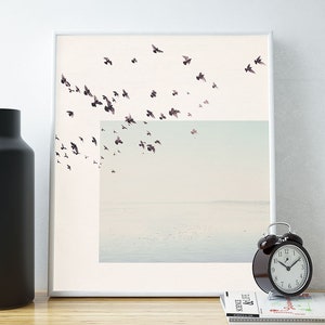 May include: A framed print of a minimalist art piece featuring a flock of black birds flying over a light blue and white landscape.