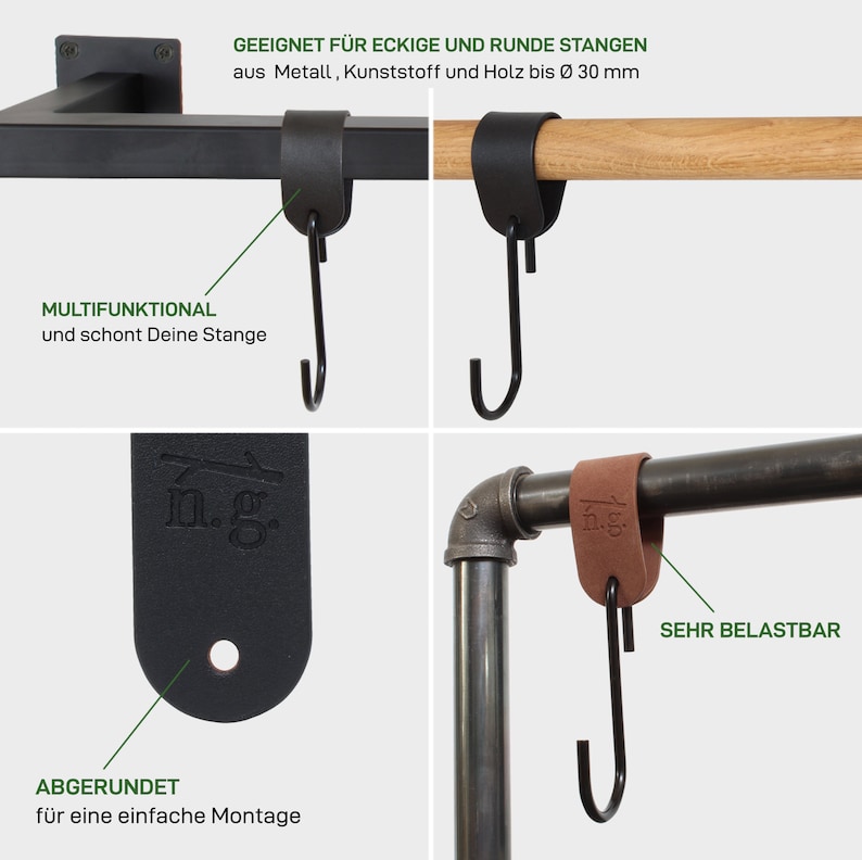 Garderobenhaken GARD Schlaufe mit S-Haken Lederschlaufe veganes PU-Leder Dekoratives Lederband, Lederriemen, Kleiderhaken aus Stahl Bild 6