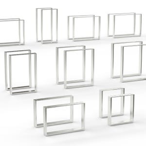 Op de afbeelding: Een collectie zilverkleurige metalen meubelpoten in diverse rechthoekige framevormen. Elk stuk bestaat uit een hol rechthoekig frame met voorgeboorde gaten langs de bovenbalk voor bevestiging, voorzien van een gladde, metalen afwerking.