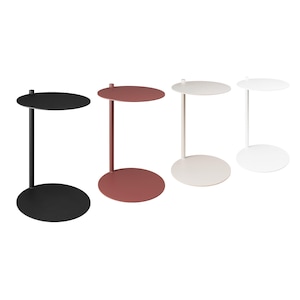May include: Four side tables with a circular base, a single vertical support column, and a circular tabletop. The tables are finished in solid matte colors: black, dark red, light beige, and white, each featuring a small cylindrical handle.