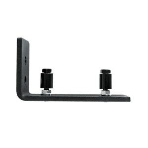 May include: Black metal bracket with two black rollers and silver screws. The bracket is designed to be mounted to a wall or floor.