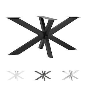 Könnte beinhalten: Schwarzes Metall-Tischgestell mit Stern-Design. Das Gestell hat abgewinkelte Beine, die sich an einem zentralen Punkt treffen, mit flachen Auflagen für eine Tischplatte. Zusätzliche Gestelle in Weiß, Grau und Silber sind unten abgebildet.