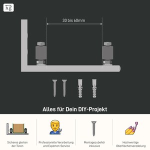 May include: Diagram showing how to install a sliding door track. The track is 30 to 60 mm wide. The diagram shows the track mounted to a wall with screws and anchors. The text "Alles f&uuml;r Dein DIY-Projekt" is at the bottom of the image.