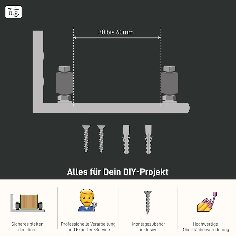 May include: Diagram showing how to install a sliding door track. The track is 30 to 60 mm wide. The diagram shows the track mounted to a wall with screws and anchors. The text "Alles f&uuml;r Dein DIY-Projekt" is at the bottom of the image.