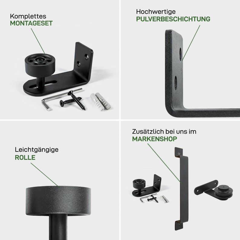 May include: Black metal hardware kit for a sliding barn door. The kit includes a roller, a bracket, and mounting screws. The hardware is powder coated for durability. The text "Komplettes MONTAGESET" is visible in the image.