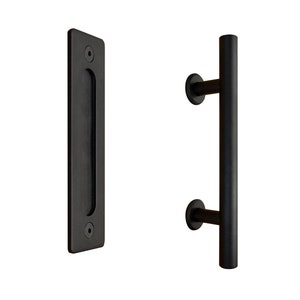 May include: Black metal door handle with a long, rectangular pull and a round, flush-mounted plate.