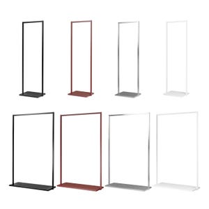 Puede incluir: Una colección de ocho percheros minimalistas en varios colores. Los percheros son rectangulares con una barra horizontal en la parte superior y una balda en la parte inferior. Los colores incluyen negro, rojo, plateado y blanco.