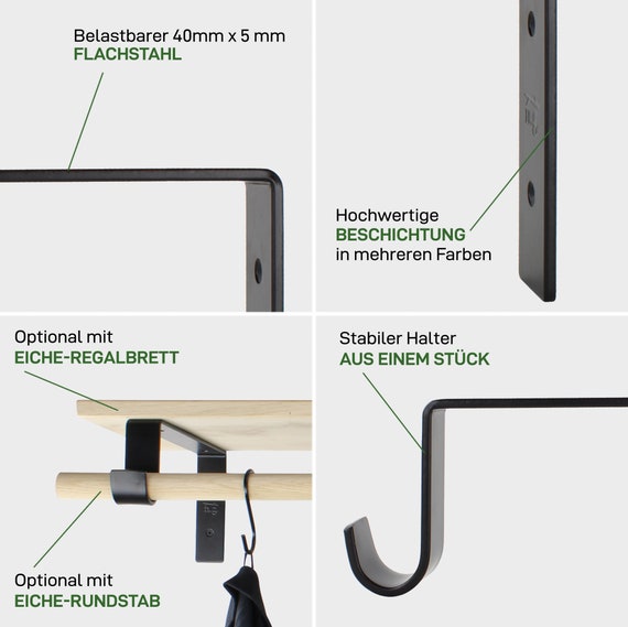 Natural Goods Berlin 2x Wand-Kapstok GARD REINICKENDORF | Wandmontage | Kledingrek van Metaal in Wit | 50cm ronde Staaf van Europees Eikenhout | Ideaal als Garderobestang | Clothes Rack