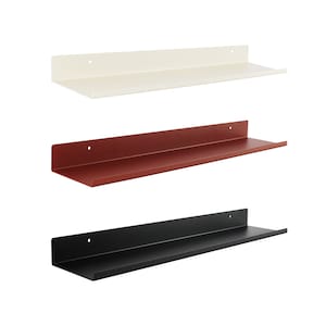 Könnte beinhalten: Drei schwebende Regale in verschiedenen Farben: Weiß, Rot und Schwarz. Die Regale sind aus Metall und haben ein schlichtes, modernes Design.